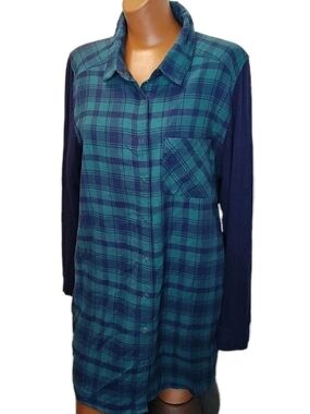 Make + Model Flannel Lounge Tunic Large Green Pond Fleece Plaid Snap Front Nwt